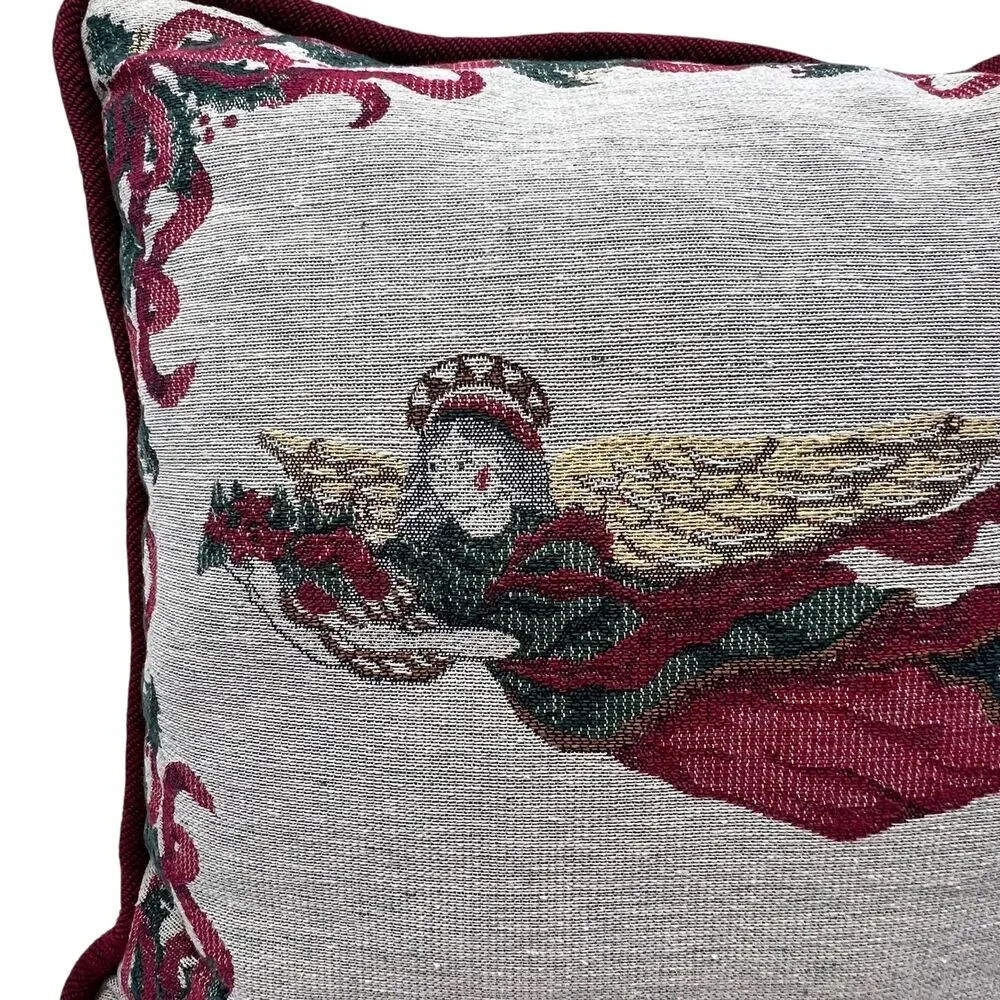 Vintge Angel Tapestry Christmas Throw Pillow 16x16 Holly French Horn‎